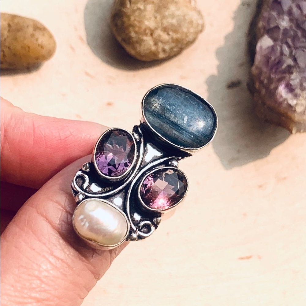 Biwa Pearl, Kyanite & Amethyst Ring Size 6.5